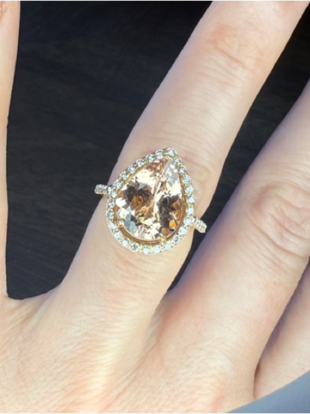 3+ct. Peach Champagne Morganite pear shape Halo Ring - Women Jewelry